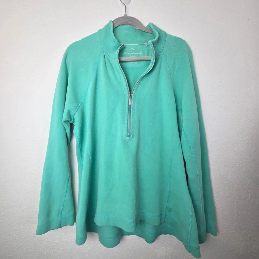 Tommy Bahama Mens XL Teal Quarter Zip Ribbed‎ Pullover Sweater Cotton Blend